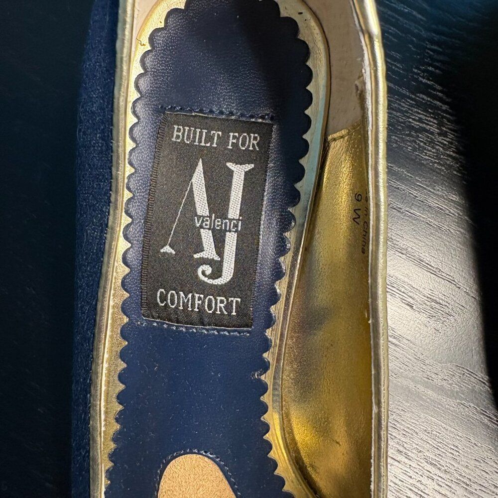 A J Valenci Peep Toe Denim Wedge Pumps Blue Gold Trim Size 9W – EUC - Picture 8 of 10